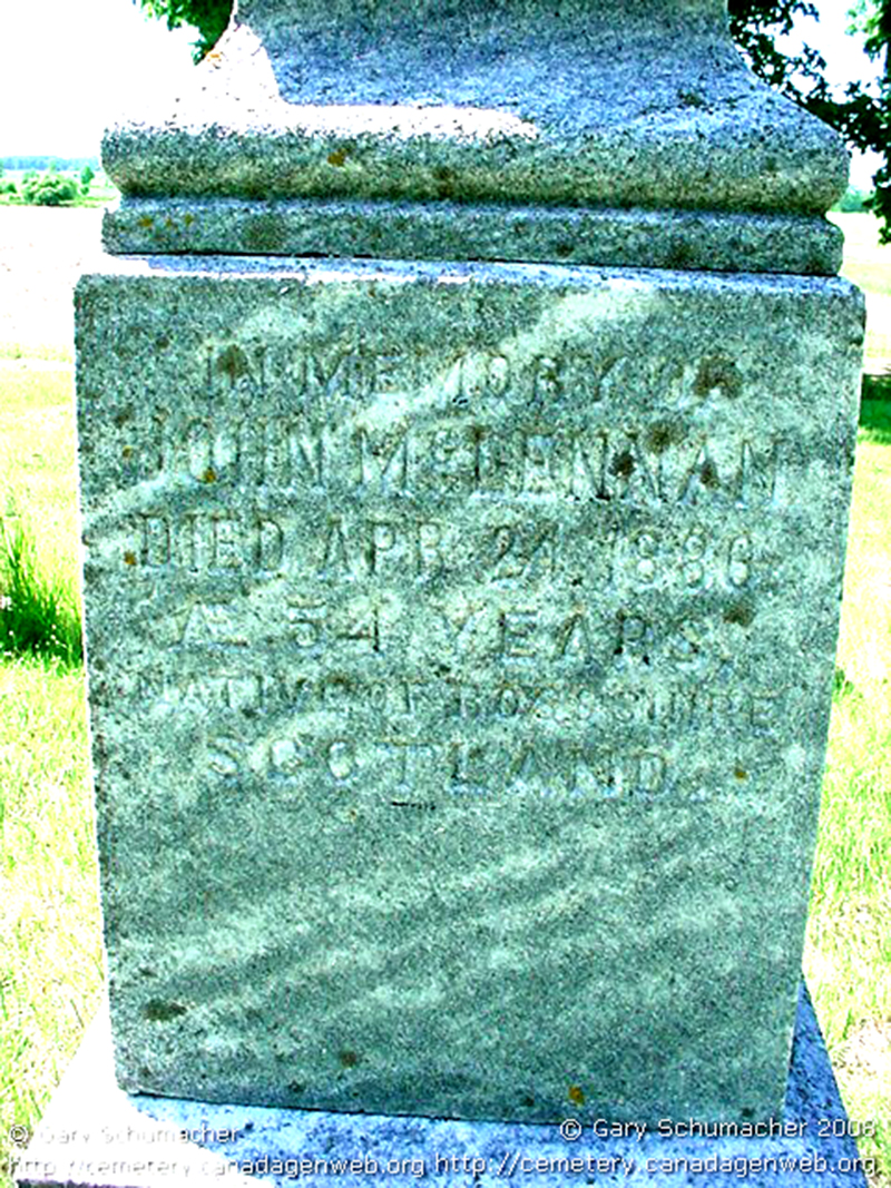 Photo of headstones/John McLennan d1886 hdstn Lochalsh cem Huron co ON